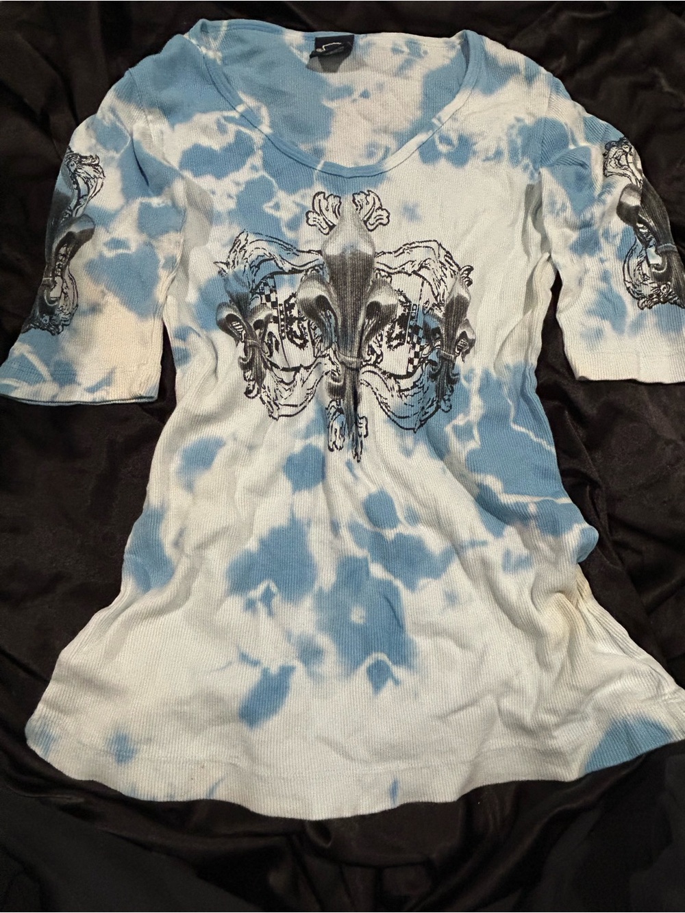 Tie-Dye Fleur-de-Lis Scoop Neck Tunic Top - Blue & White